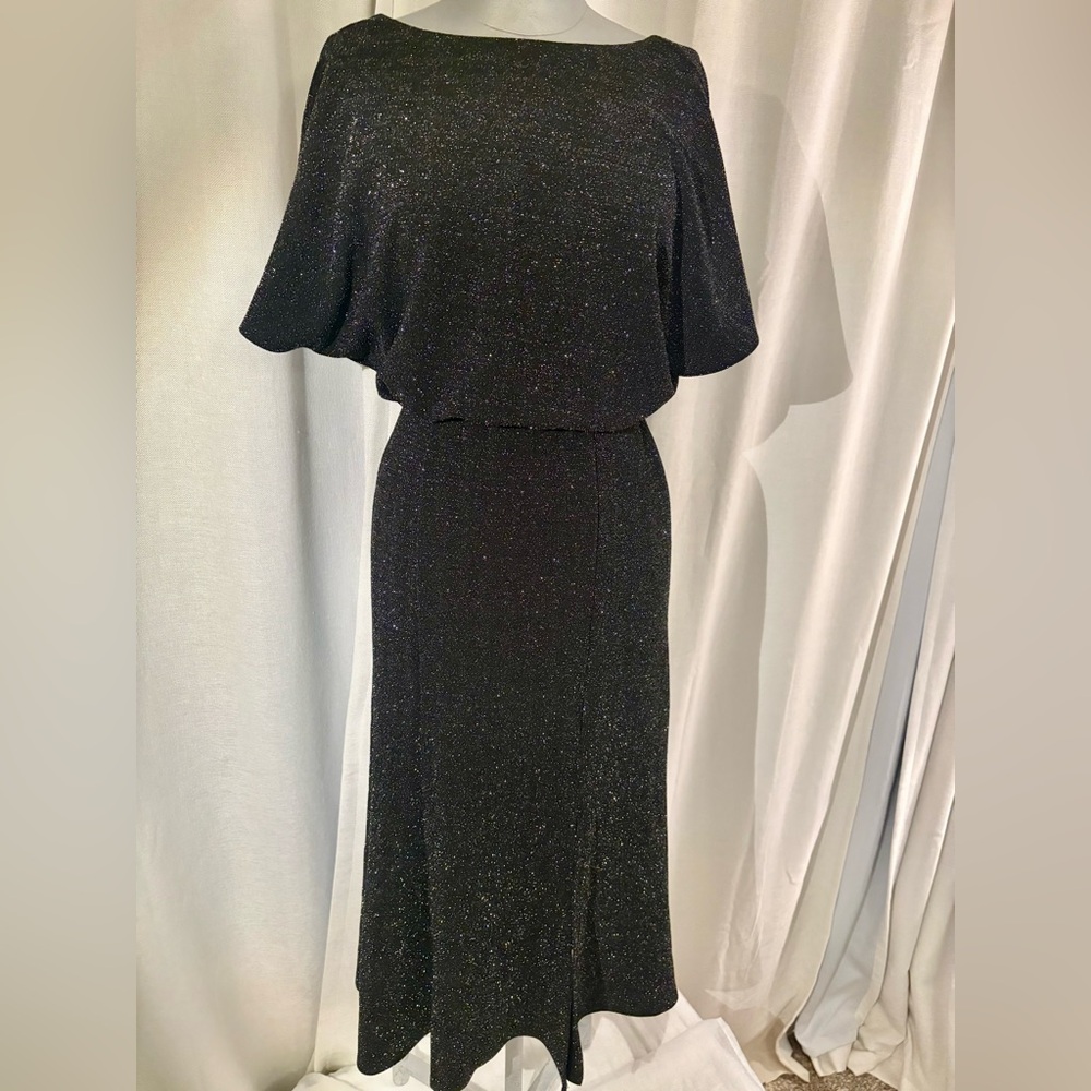 Donna Morgan Silver Metallic Knit Midi Dress with Front Slit Open Back Sz 2 - Picture 4 of 13